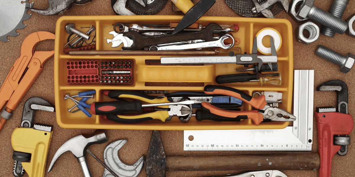 birdseye view of a toolbox organizer and tools