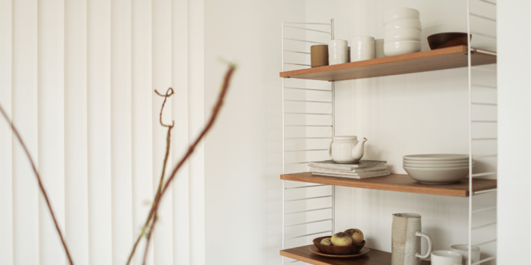 wooden shelves against a white backdrop